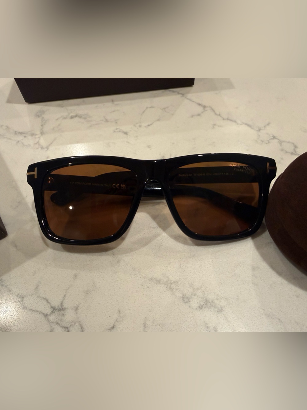 Tom Ford Black Frame Sunglasses with Brown Lenses and Gold T-Logo